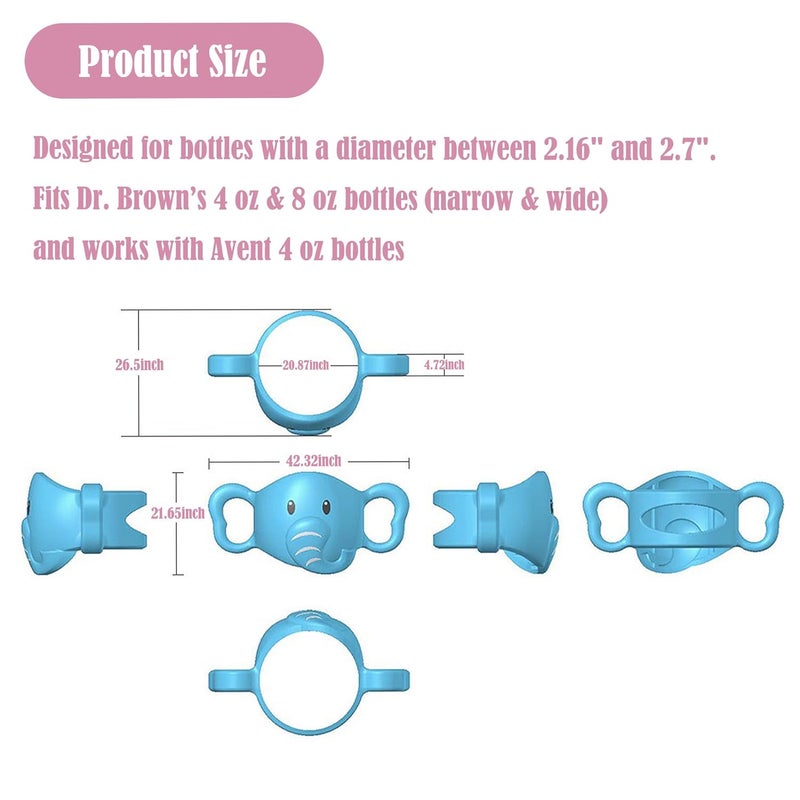Amitofo 3 Pack Silicone Baby Bottle Handles for Dr. Brown’s Narrow & Wide Baby Bottles Hoder, Elephant Design, Easy Grip Self-Feeding Universal Bottle Handle, BPA-Free, 100% Silicone, White, Gray, Blue - Image 5